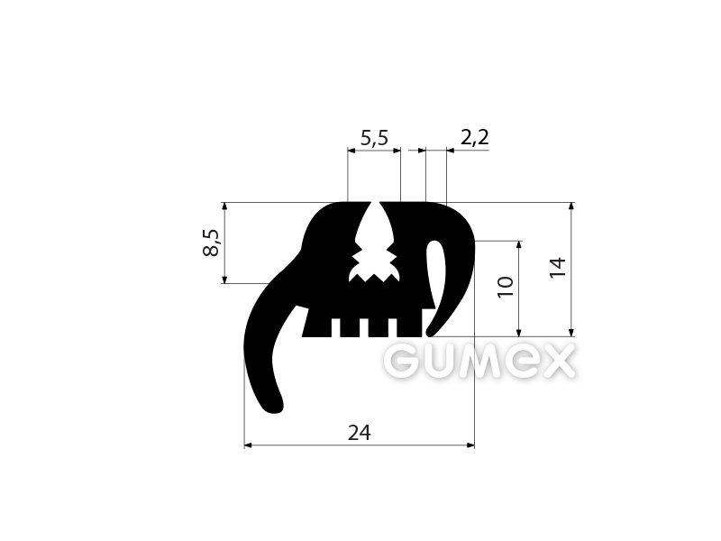 Profil für Fahrzeugfenster ohne Zwickel, 14x24/5,5/2,2mm, 70°ShA, EPDM, -40°C/+100°C, schwarz, 